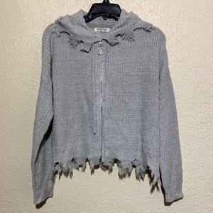 Full Circle Sweater Cardigan L Gray Stretchy Short Hoodie Fringe Zip Up Acrylic